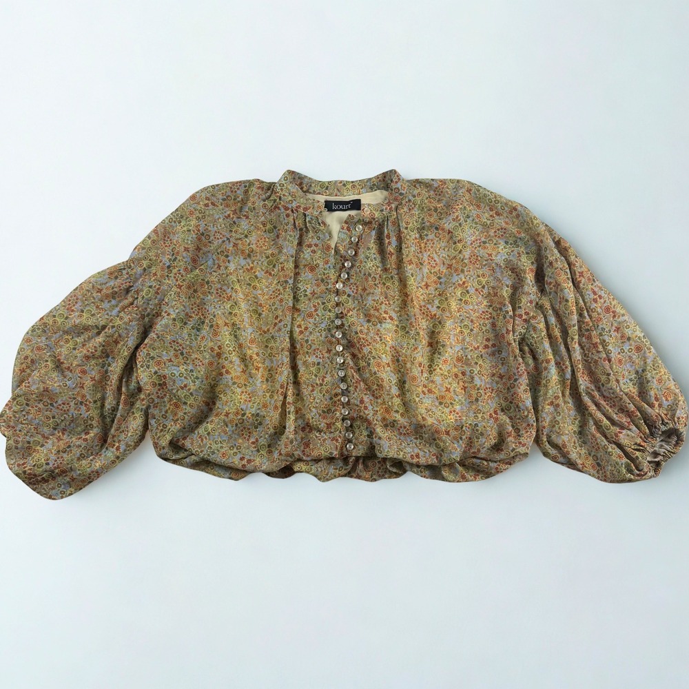 Kourt Floral Cropped Blouse Womens M Neutral Boho Balloon Sleeve Top Whimsical